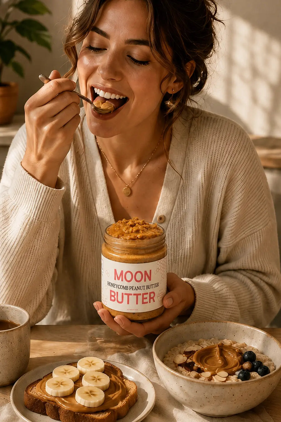Person eating Moon Butter from a spoon