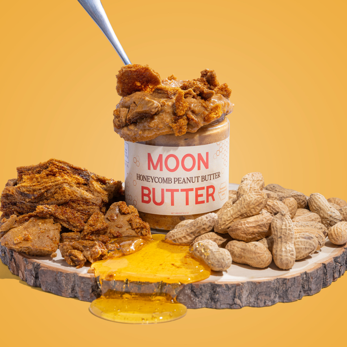 Honeycomb Peanut Butter Moon Butter jar with honeycomb and peanuts