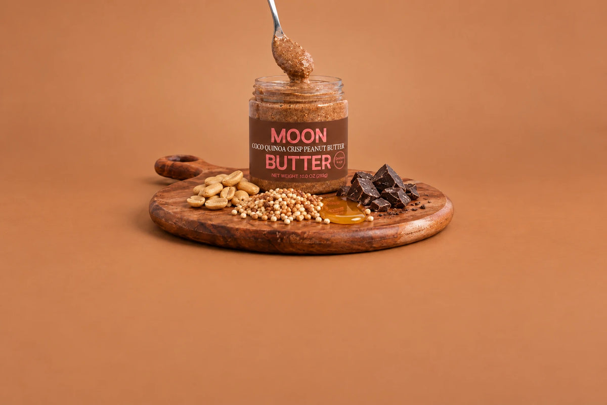 Coco Quinoa Crisp Peanut Butter jar with chocolate, peanuts, quinoa, and honey
