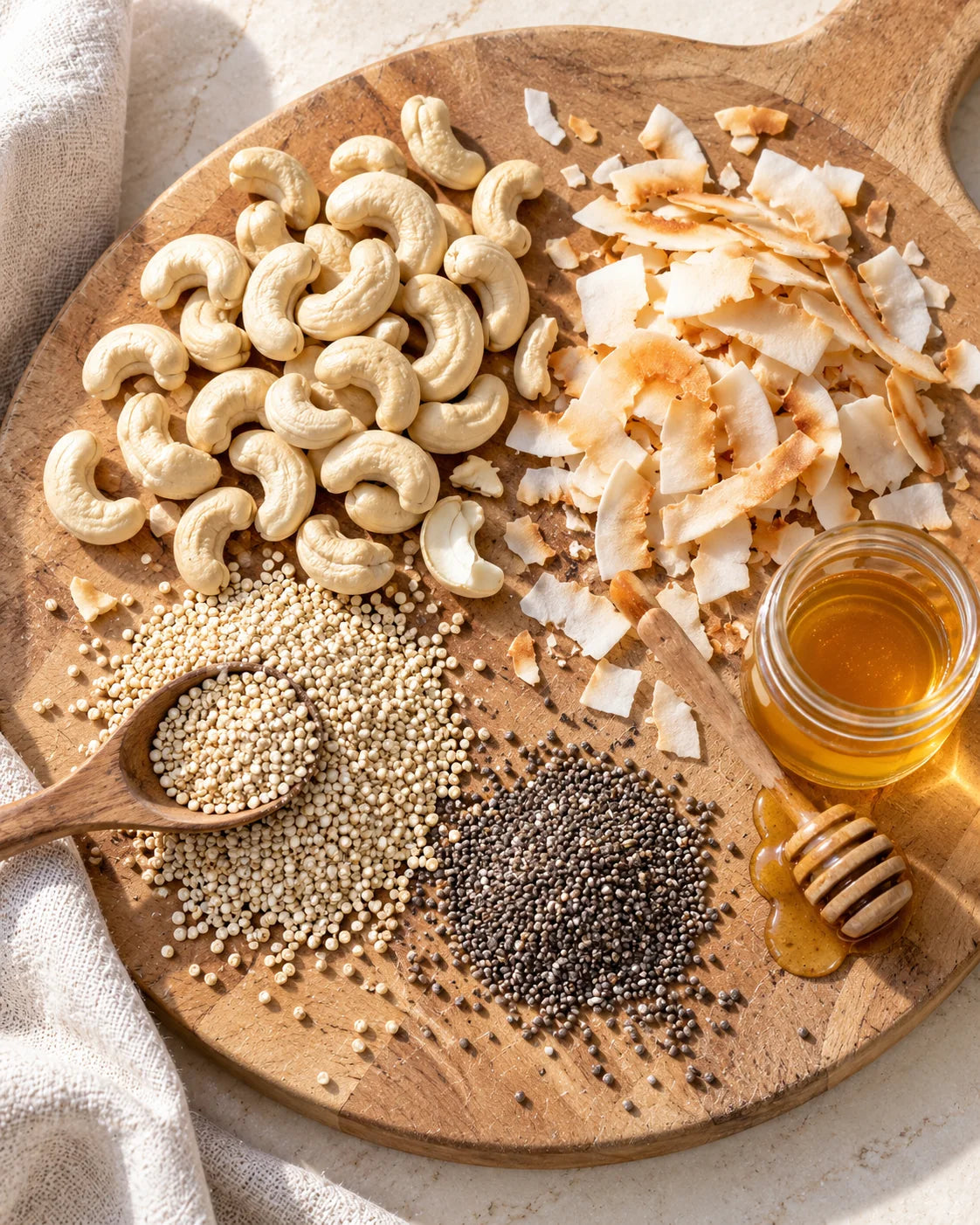 Cashews, coconut, seeds, and honey on a rustic wooden board