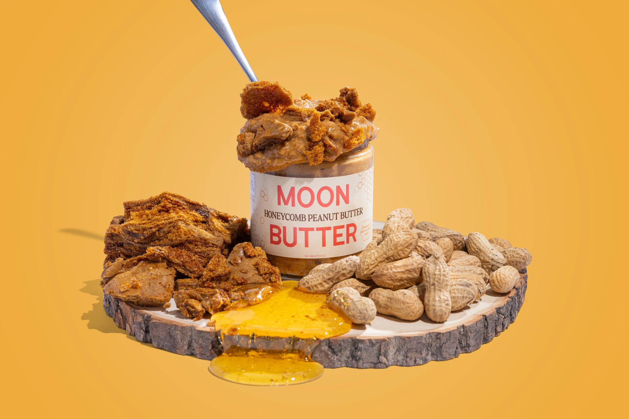 Moon Butter jar with honeycomb, honey, and peanuts