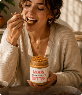 A woman enjoying a spoonful of MoonButter straight from the jar